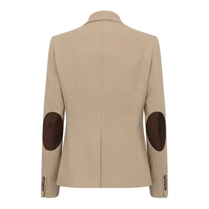Beige women's 3-piece Prince of Wales check suit with tailored blazer, fitted trousers, and vest, featuring dark elbow patches and button details on sleeves