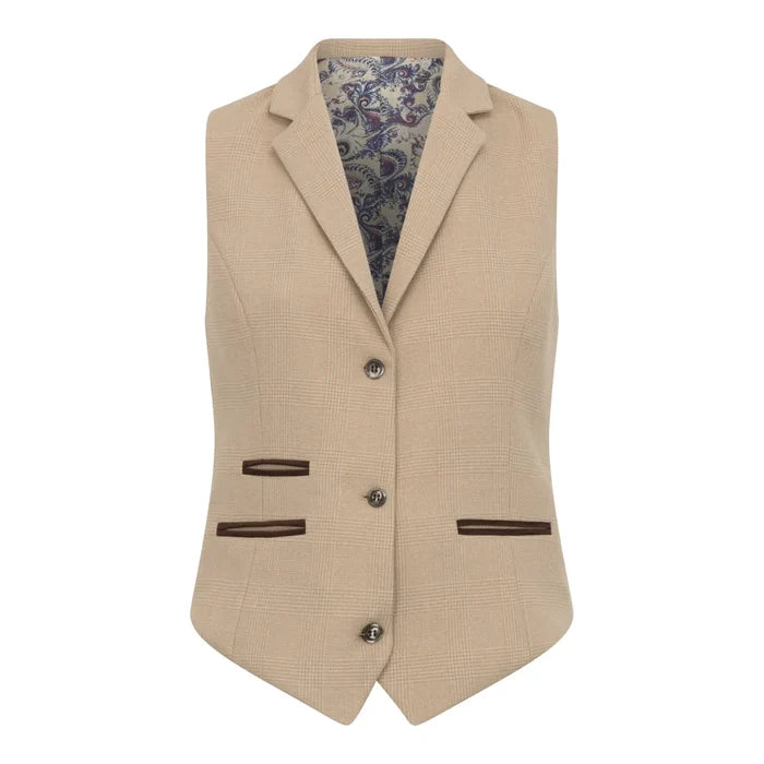 Women's cream 3-piece Prince of Wales check suit with tailored blazer, fitted trousers, and vest, featuring a classic pattern and structured fit