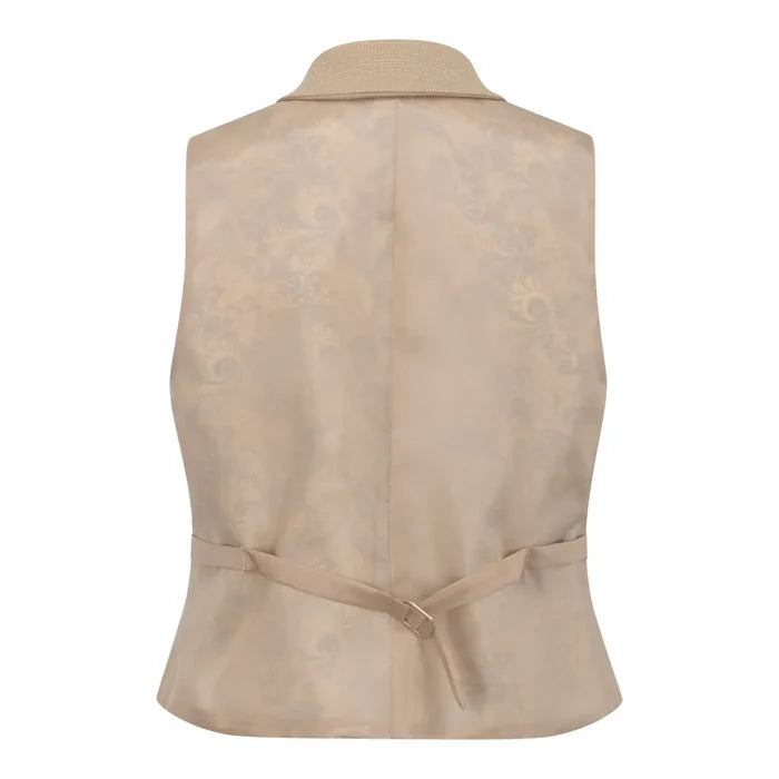 Back view of women's cream Prince of Wales check vest with subtle pattern, adjustable waist belt, and tailored silhouette