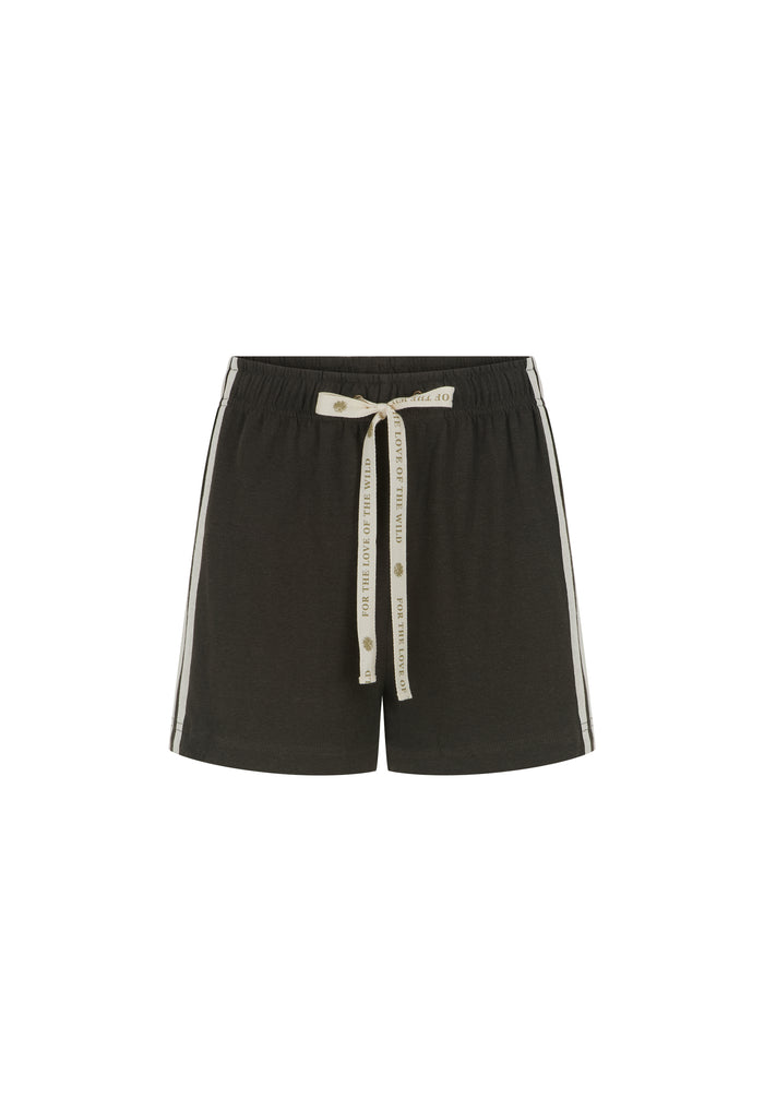 Black athletic shorts with a drawstring waist and white side stripes, shown on a plain white background.