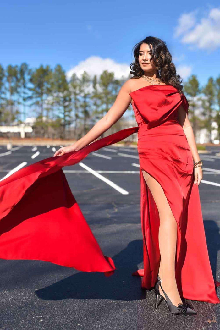 Trumpet-Mermaid Sweep-Brush Train Luxe Satin Wedding Guest Dress CG0293