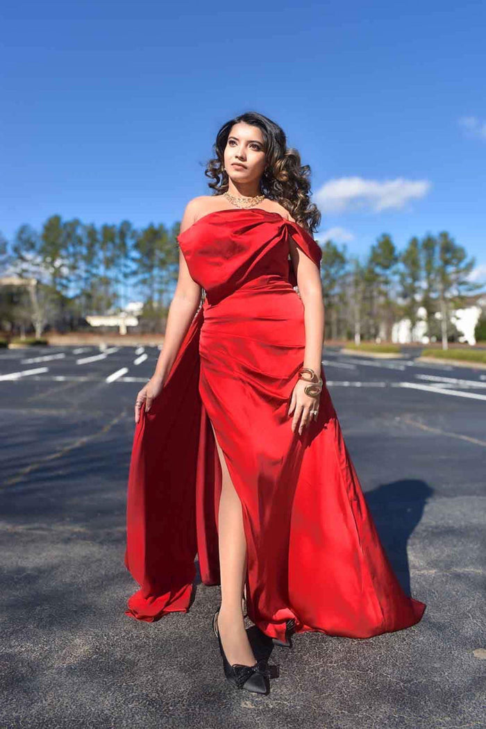 Trumpet-Mermaid Sweep-Brush Train Luxe Satin Wedding Guest Dress CG0293