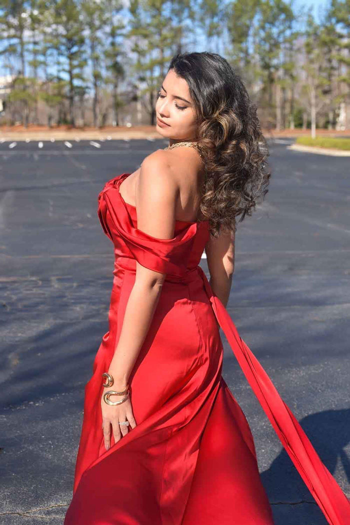 Trumpet-Mermaid Sweep-Brush Train Luxe Satin Wedding Guest Dress CG0293