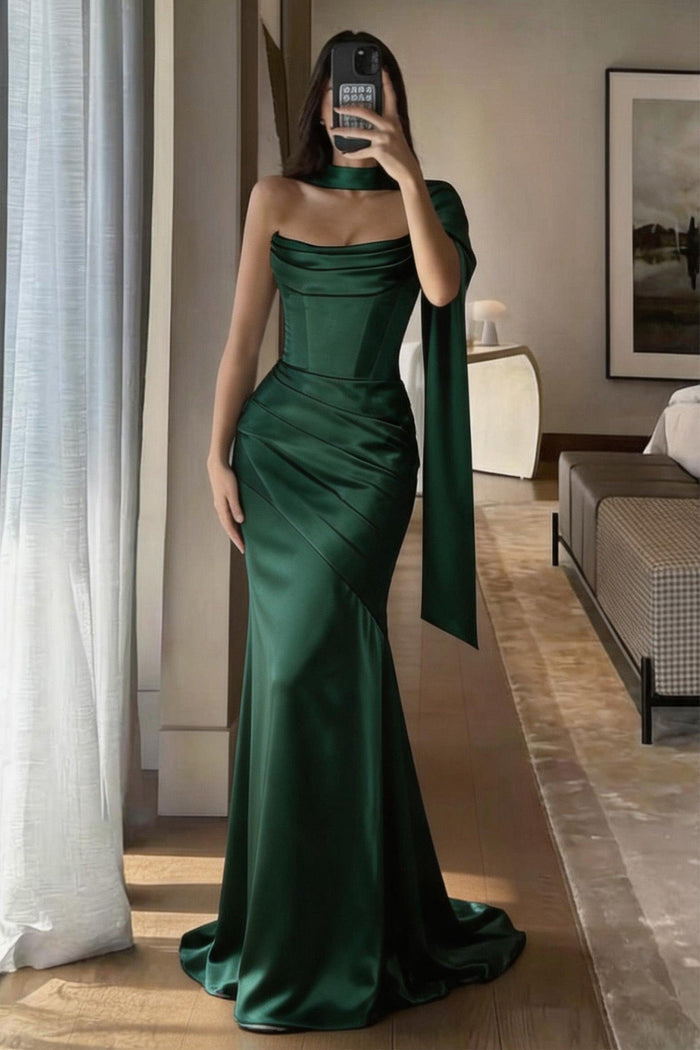 Trumpet-Mermaid Sweep-Brush Train Luxe Satin Wedding Guest Dress CG0301