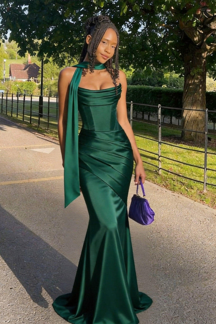Trumpet-Mermaid Sweep-Brush Train Luxe Satin Wedding Guest Dress CG0301