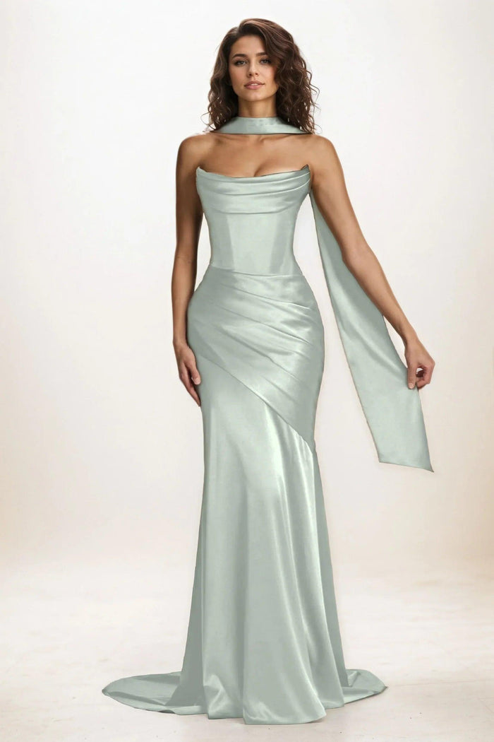Trumpet-Mermaid Sweep-Brush Train Luxe Satin Wedding Guest Dress CG0301 - COCOMELODY
