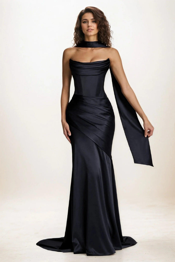 Trumpet-Mermaid Sweep-Brush Train Luxe Satin Wedding Guest Dress CG0301 - COCOMELODY