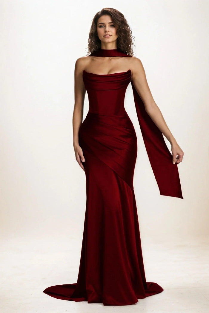 Trumpet-Mermaid Sweep-Brush Train Luxe Satin Wedding Guest Dress CG0301 - COCOMELODY