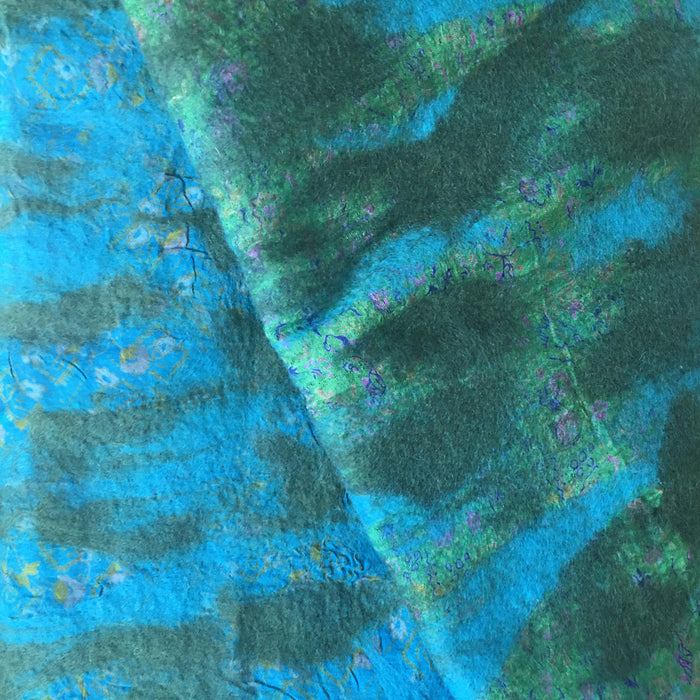 Turquoise-Green Nuno Felted Wool-Sari Silk "Shawl-Stole"|One-of-a-Kind Wearable Art