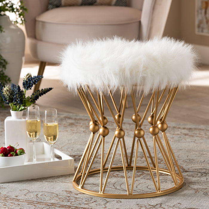 Urban Designs Lorenza Faux Fur Upholstered Metal Ottoman - White & Gold