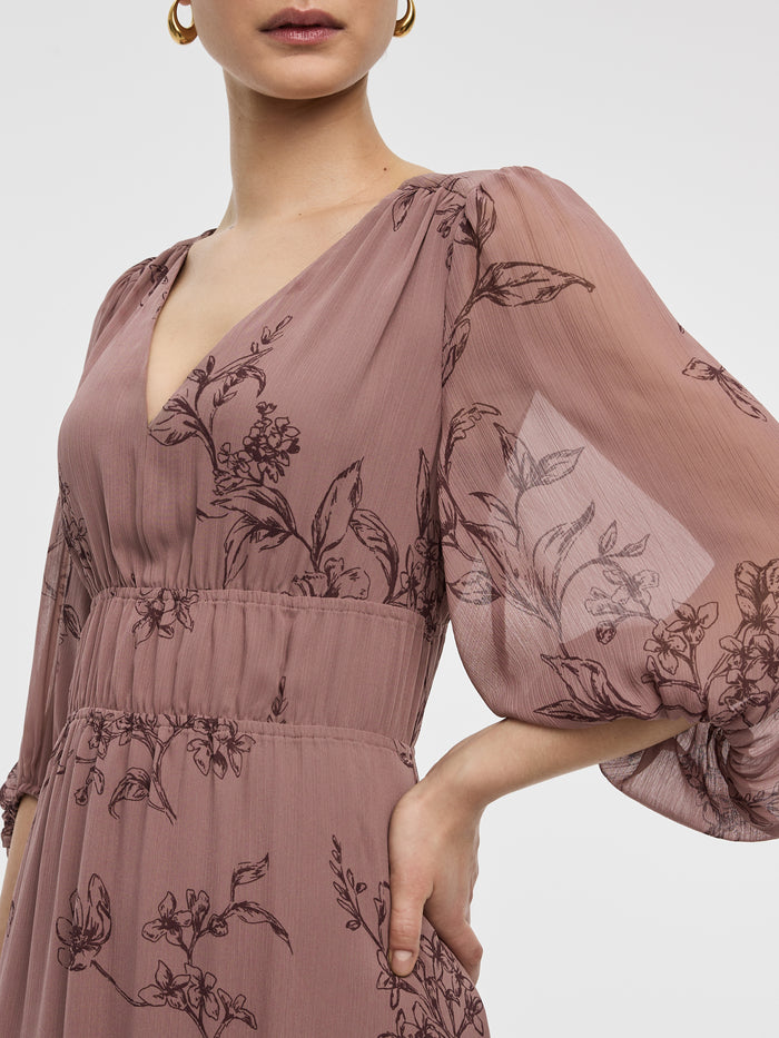 V-Neck Empire Midi Dress with Sheer Sleeves