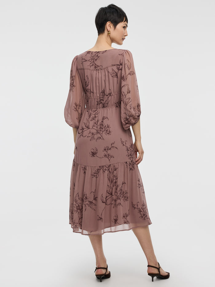 V-Neck Empire Midi Dress with Sheer Sleeves