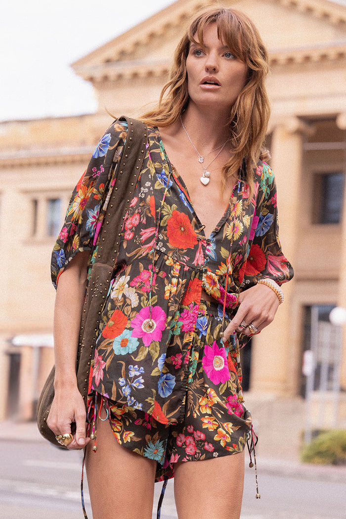 Valley of the Dolls Boho Blouse in Onyx, front view flat lay showing neck ties and wide gathered sleeves