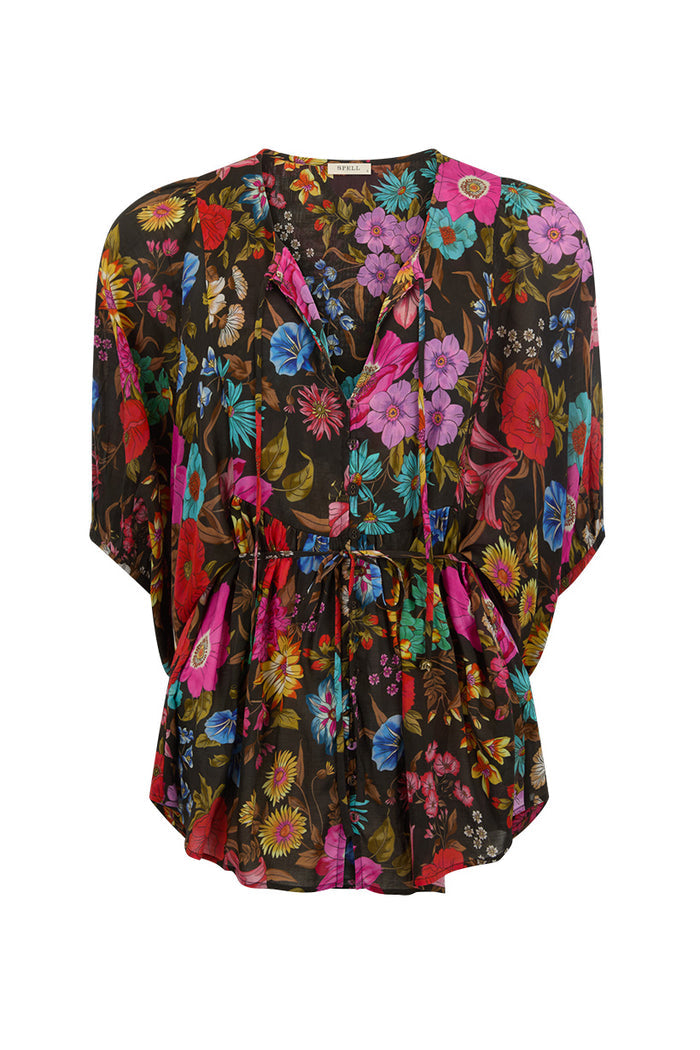 Valley of the Dolls Boho Blouse in Onyx, front flat lay showing button opening and neck ties on white background