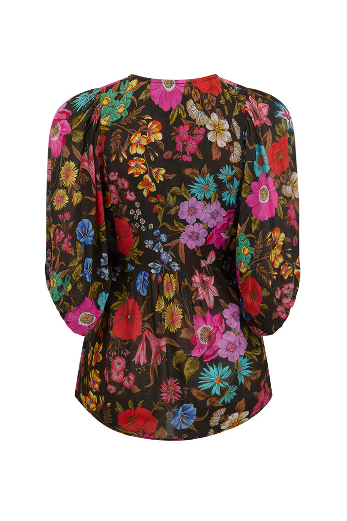 Back flat lay of Valley of the Dolls Boho Blouse in Onyx showing back waist ties and wide gathered sleeves