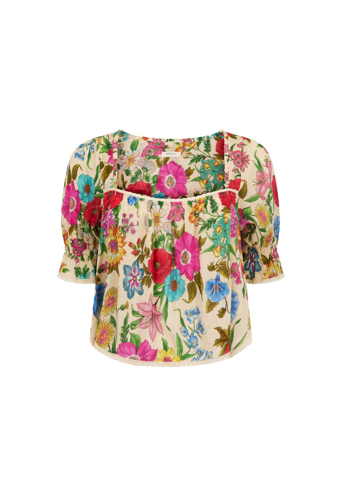 Front flat lay of floral blouse, square neckline with lace trim, elastic sleeves, wide gathered body on white background