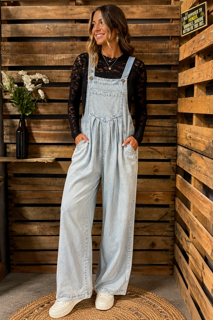 woman wearing washed overalls