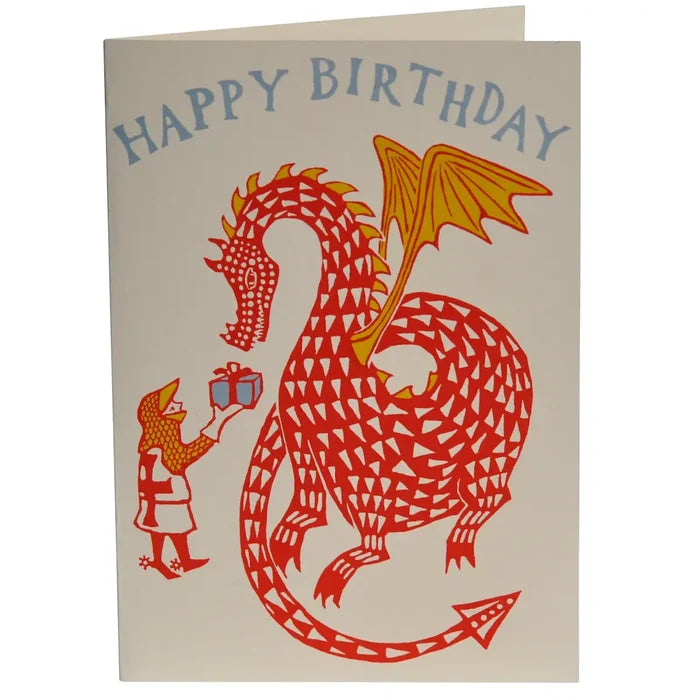 A card with a 'Happy Birthday' message, featuring a red and orange dragon illustration on a light background, with a small figure of a person holding a present to the dragon.