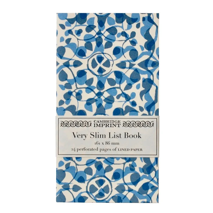 Cambridge Imprint very slim list book with blue floral pattern on a white background
