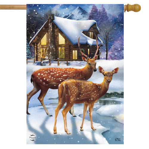 Winter Cabin Deer House Flag