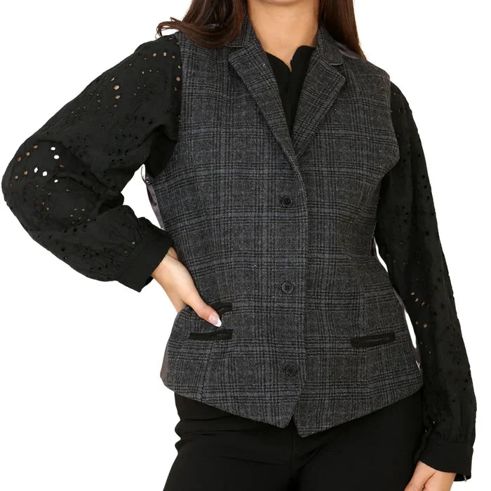 Women's Tweed Check Waistcoat Blazer Grey Suit