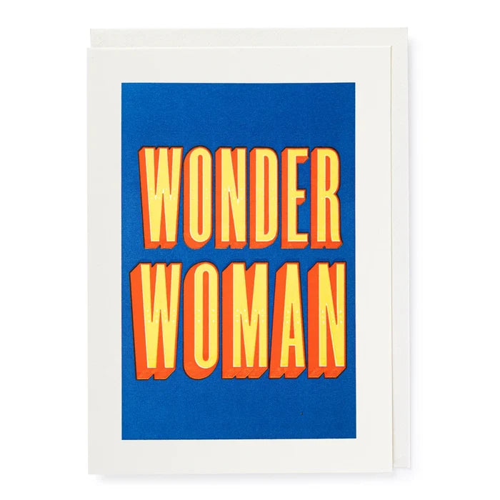 Card with 'Wonder Woman' text on a blue background