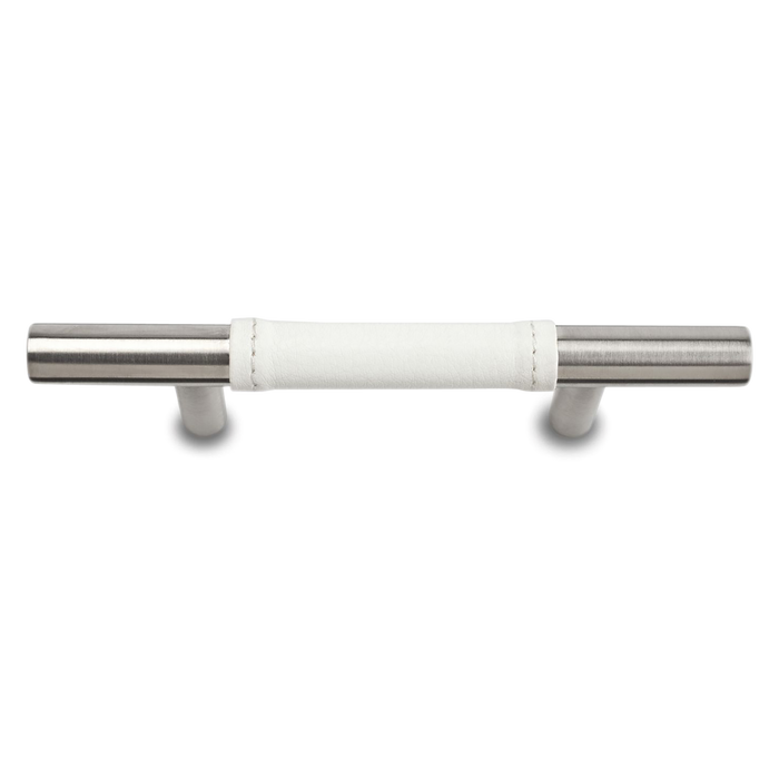 A modern pull with a white leather wrapped bar.