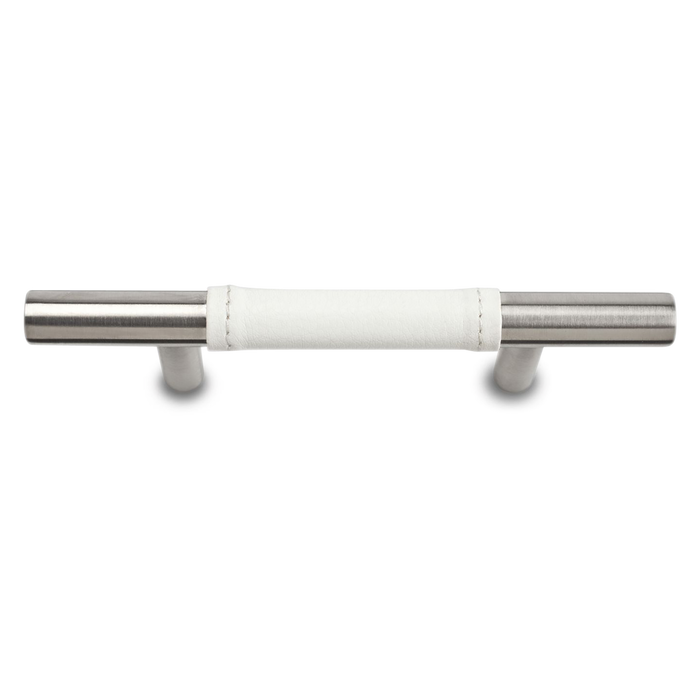 A modern pull with a white leather wrapped bar.